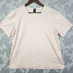 Lands End‎ Embroidered Neck Short Sleeve Top T-Shirt Women's Large Peach Pink